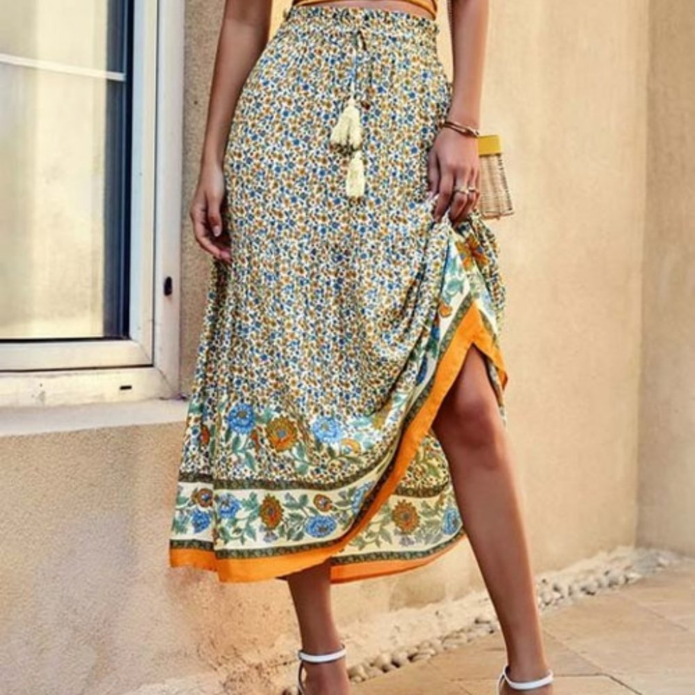 Elings | Beige & Light Blue Floral High-Waist Drawstring Midi Skirt  DB1-5